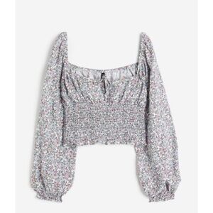 H&M Smocked Blouse in White with Small Multi-Color Flowers Size XL NWT